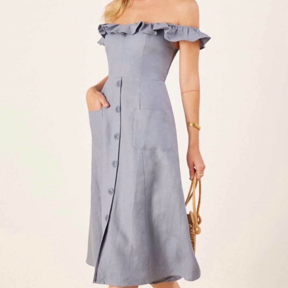 Reformation Blue 💙 Hattie Off The Shoulder Dress